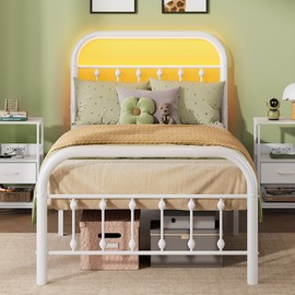 WLIVE Twin Bed Frames with Storage, Twin Bed Frame with LED Lights and Charging Station, Metal Platform Bed Frame with Headboard, White