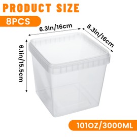 Limbeuuu 8 Pcs 101 oz Square Clear Thick Deli Containers with Lids,BPA-Free,Freezer and Microwave Safe Food Storage Containers,Reusable,Meal Prep,Take-out,Restaurant Supplies.