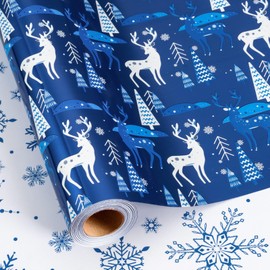 Flyhill Reversible Blue Christmas Wrapping Paper Roll- 17 Inch X 33 Feet - Metallic Gold Foil Elk and Tree, Holly Berries with Merry Wrap Paper for Holiday, Party,Celebration, New Year