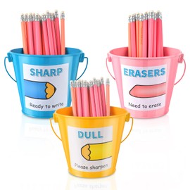 DLUGOPIS 3 Pack Sharp And Dull Pencil Buckets Metal Pencil Holders Decorative Metal Pail Colored Metal Buckets With Handle Eraser Pencil Buckets For Classroom Crafts Include 2 stickers (4 inch High)