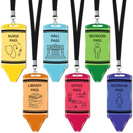 Sabary 6 Sets Hall Pass Lanyards and School Passes Set Unbreakable Wooden Bathroom Passes for Classrooms Hall, Restroom, Library, Office and Nurse School Teacher Supplies Gift (Crayon)