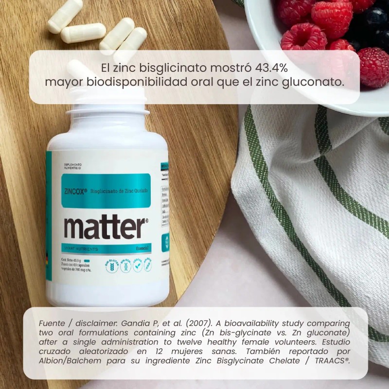 Matter Zincox Suplemento Bisglicinato Zinc Quelado Alta Absorción Azúcar Gluten