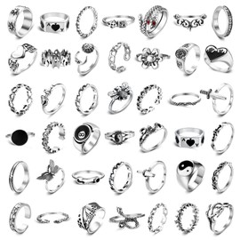 Milacolato Gothic Rings Mens Set, Vintage Punk Rings Set for Women, 16/30/42Pcs Cool Silver Boho Snake Claw Ying Yang Butterfly Chunky Knuckle Rings Open Adjustable Goth Stackable Rings Jewellery 42Pcs