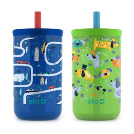 Ello Bop - Juego de 2 vasos de plástico para niños de 12 onzas con bucle de transporte, tapa deslizante a prueba de fugas, pajita suave extraíble resi