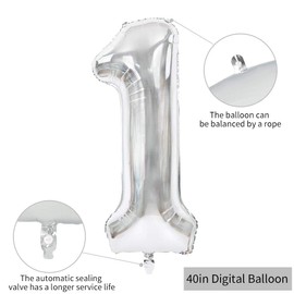 40 Inch Silver Large Numbers Balloons 0-9, Number 1 Digit 1 Helium Balloons, Foil Mylar Big Number Balloons for Birthday Party Anniversary Supplies Decorations