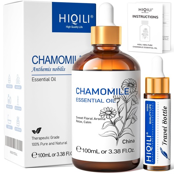 HIQILI Chamomile Essential Oil, Pure Natural Chamomile Oil for Skin, Diffuser, Hair, Aromatherapy, Massage and Face - 3.38 Fl Oz