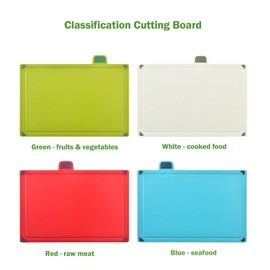 Plastic cutting board with storage shelf.Thicker Chopping Board Set with Color Coded Food Icon for Kitchen Different Food Types.Easy to Grasp, Anti-skid and Easy to Clean(4 pack)