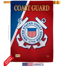 Breeze Decor HS108056-BO-03 Coast Guard Americana Military Veteran Decorative Gift Vertical 28" x 40" Double Sided House Flag Set Wood Dowel with String Hardware Made in USA