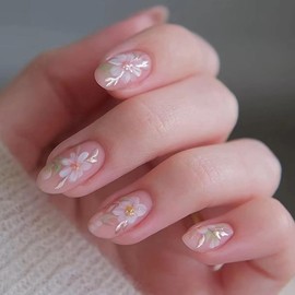 Nude French Tip Press on Nails Short Almond Fake Nails Cute False Nails with Design Flower Pattern on Nails Glossy Artificial Acrylic Nail Full Cover Stick on Nails for Women Manicure 30Pcs