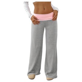 SOLY HUX Women's Sweatpants Color Block Low Rise Fold Over Waist Baggy Wide Leg Pants Light Grey and Pink Small