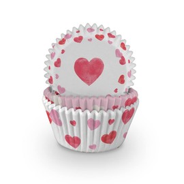 Anniversary House Cupcake Cases, 75 Pieces, Greaseproof Paper Baking Cups, Hearts, J145, White & Pink