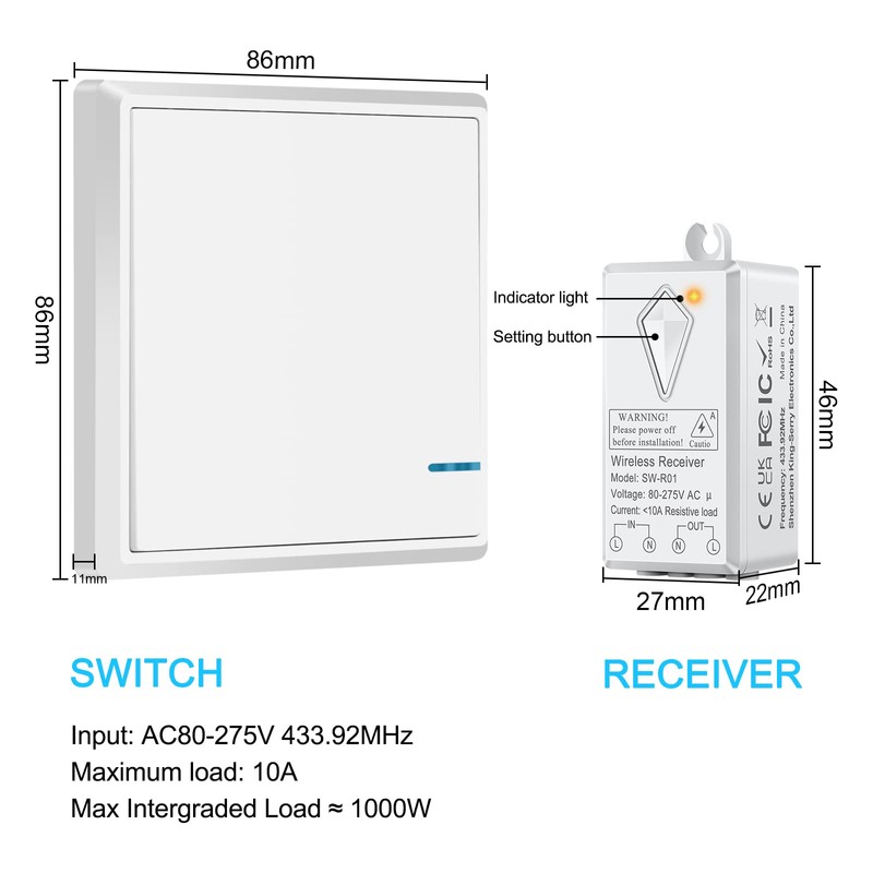 Wireless Light Switch and Reciever Kit, Smart Light Switch, Wall