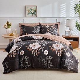 Joyreap King Comforter Set- 7 Pieces Floral Bed in a Bag, White Flowers on Black Design Comforter Sheet Set, Soft n Cozy Microfiber Bedding Set for All Seasons