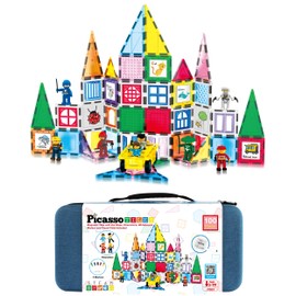 PicassoTiles 100pc Magnet Tile Construction Building Block Set with Carry Case Car Base Magnetic 8pc Characters Whiteboard Markers Idea Book Magnetized Toy Kit Playset Kids STEM Learning Age 3+ PB01