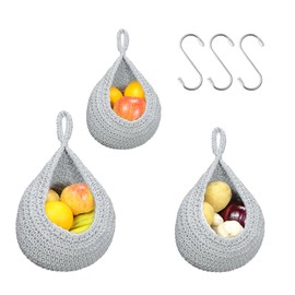 MDDK DY Hanging Fruit Basket, Wall Basket, Kitchen Hanging Basket, Pack of 3 with 3 Hooks, Braided Storage Basket, for Kitchen Decoration, Living Room, Bathroom, Jute Basket (Blue)