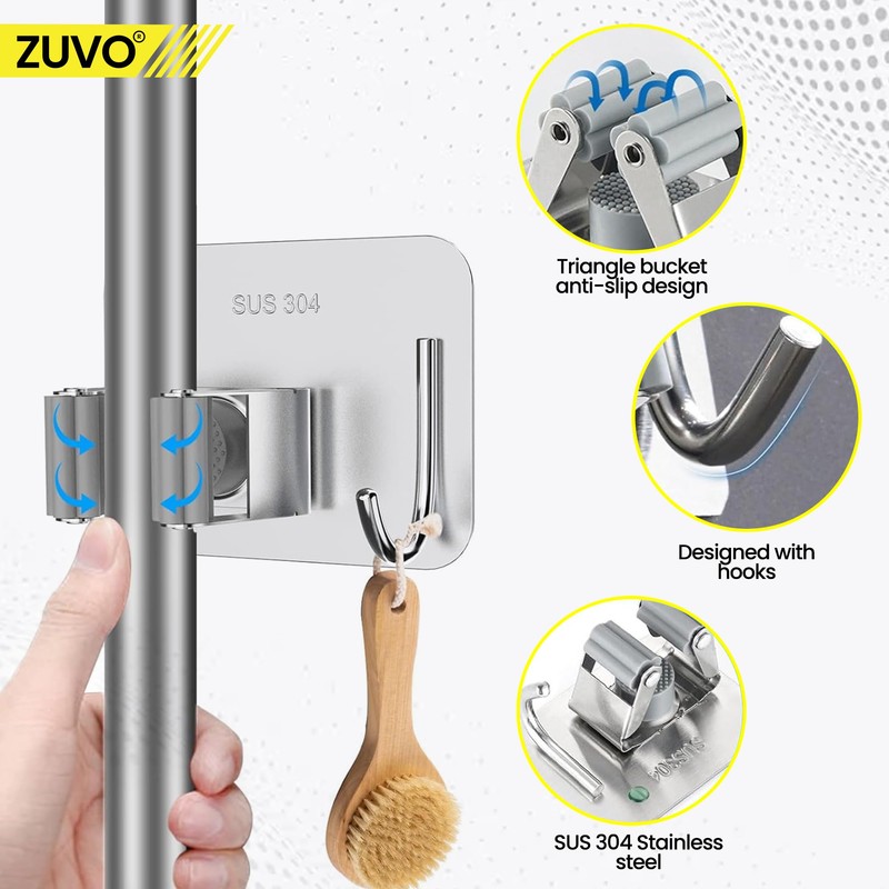 Broom Holder Wall Mounted, 4-Pack – Stainless Steel Mop and