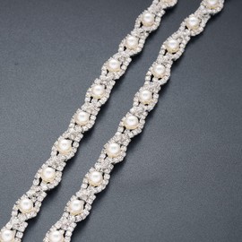 Jerler 1 Yard Pearl Rhinestone Trim, Inlaid Pearl Beaded Chain, Crystal Applique Ideal for DIY and Wedding Party Decoration Bridal Embellishments, 0.8" Width (Eye Pearl)