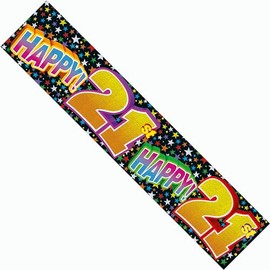 Happy 21st Birthday Party Banner Giant Extra Wide Age 21 Party Decoration Garland Black With Multicolour Stars Unisex His And Hers Recyclable Eco Friendly Holographic Shiny Sparkly Party BannerBanner