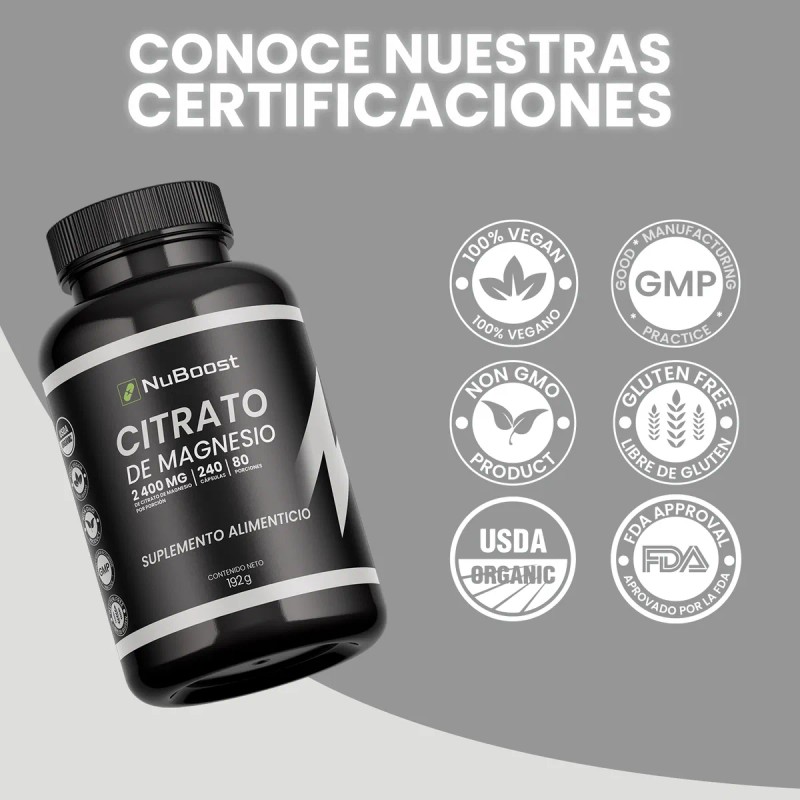 Citrato De Magnesio 400mg 240 Cápsulas Natural- Nuboost