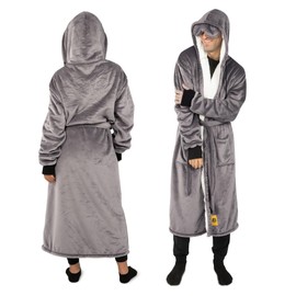 Big Blanket Co Hideout Robe Light Grey | Sherpa Robe with Hood | Extra Soft Housecoat for Ultimate Coziness