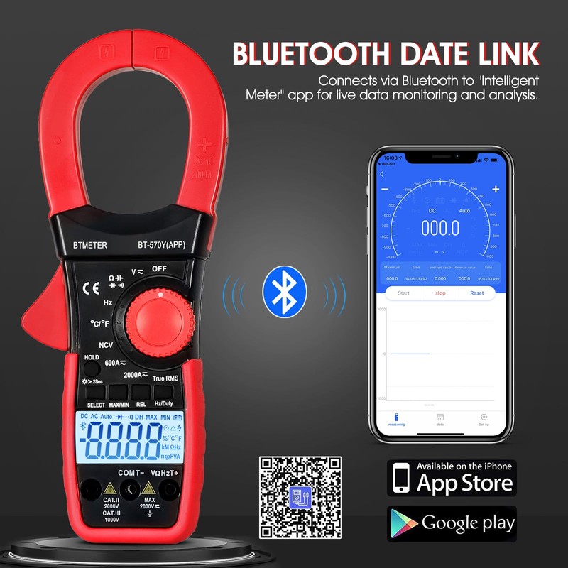BTMETER Digital Clamp Meter Multimeter, 6000 Counts Bluetooth Multimeter, 2000A