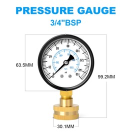 ERGAOBOY 10 Bar (0-1000 Kpa) Water Pressure Gauge, 2.5 Inch Dial, 304 Stainless Steel Case for 3/4 Inch BSP Domestic Water Pressure Testing