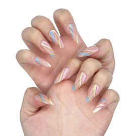 Gentle Claws Press On Nails, Silmaril - 24 Pcs Nude Pink Blue Swirl Almond Shaped Reusable Fake Nails, Full Well Tips, Glossy Finish, Acrylic ABS, Medium, 1 Count
