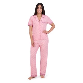 Aerosoles Women's Notch Collar Cozy Pjs 2 Piece Cozy Comfy Lounge Soft Cotton Sleepwear Button-up Pajama Set, Polka Dot, Small