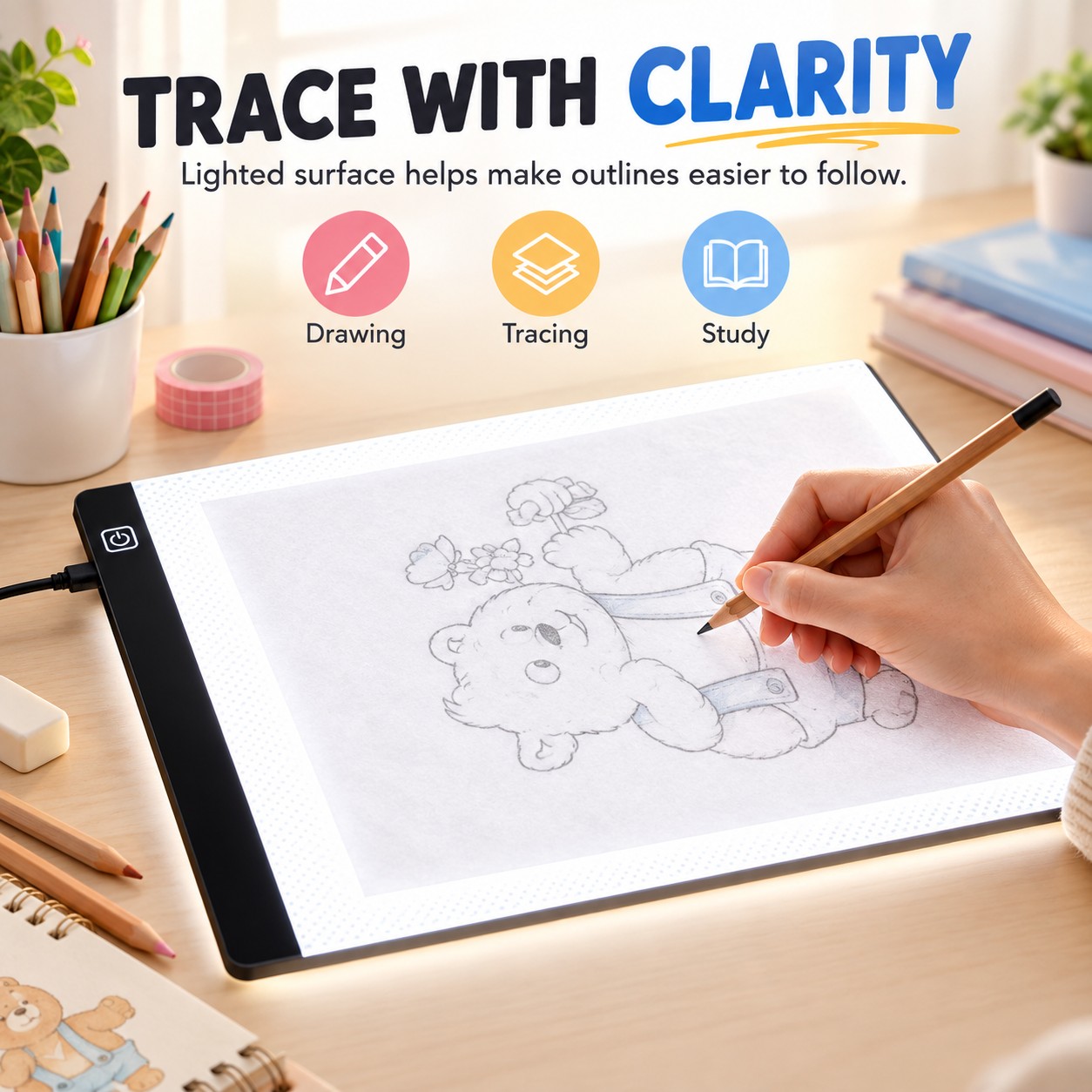 Portable LED Tracing Light Pad for Drawing – USB-Powered Copy Board with 3-Level Brightness, Touch Control and Magnetic Paper Holders