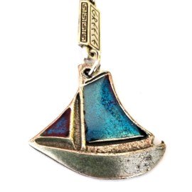 IconsGr Greek Sailboat with Two Blue Sailing Sailing Silver Keyring, silver
