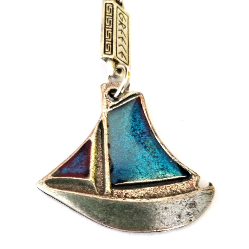 IconsGr Greek Sailboat with Two Blue Sailing Sailing Silver Keyring,