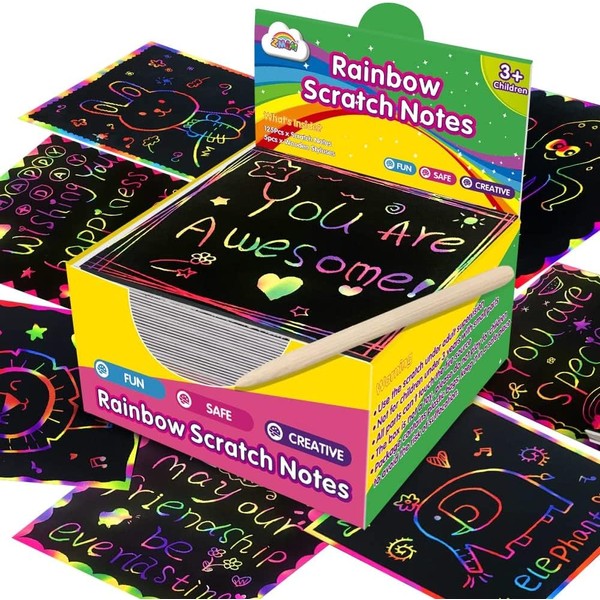 ZMLM Rainbow Scratch Mini Art Notes - 125 Magic Scratch Note Pads Cards Sheets for Kids Black Scratch Arts Crafts Kids DIY Party Favor Supplies Kit Birthday Game Toy Gifts Box for Girls Boys Halloween