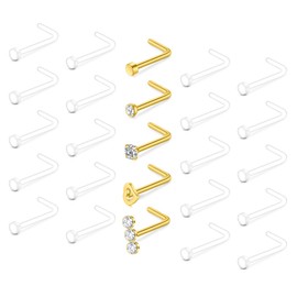VCMART Clear Nose Rings Clear Nose Studs for Work Plastic Nose Rings for Surgery Plastic Nose Piercing Retainer 20g Gold