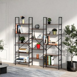 Homy Casa Triple Wide 5-Tier Industrial Bookshelf with Metal Frame, 14 Open Display Shelves, Large Etagere Bookcase for Living Room, Bedroom, or Home Office, Vintage Brown