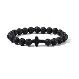 Caiyao 8MM Ornament Lava Volcanic Stone Beads Turquoise Cross Elastic Stretch Bracelet Religion Bangle for Women Men-Black