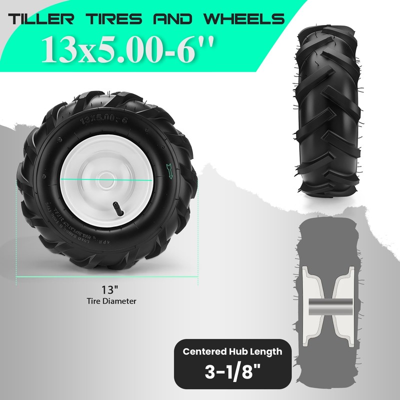 13x5.00-6" Tiller Tires and Wheels, (2-Pack 1" Axle Bore, 3-1/8"