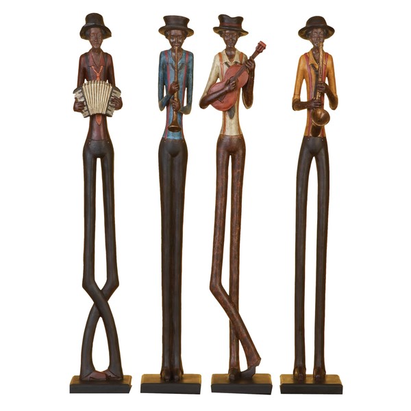 Deco 79 Polystone Musician Tall Long Legged Jazz Band Sculpture with Black Base Stand, Set of 4, 4"W, 24"H, Brown