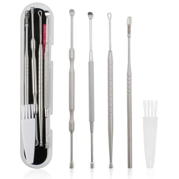 MJIYA Ear Pick Earwax Removal Kit, Ear Cleaning Tool Set, Ear Curette Ear Wax Remover Tool with a Storage Box (Silver, 5 Count (Pack of 1))