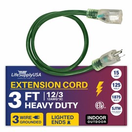 3ft Power Outdoor Extension Cord & Indoor - Waterproof Electric Drop Cord Cable - 3 Prong SJTW, 12 Gauge, 15 AMP, 125 Volts, 1875 Watts, 12/3 ETL Listed by LifeSupplyUSA - Green (1 Pack)