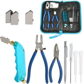 DODUOS Professional Glass Cutter Tool Kit - Heavy Duty Glass Running Pliers and Breaker Grozer Pliers, Pistol Grip Glass Cutter with 3 Cutter Heads, Oil Dropper, Sculpture Pen and Screwdriver, Bag