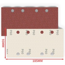 FEIHU 50 pieces 93 x 185 mm sandpaper set, 60 grit rectangular sanding pad with Velcro fastener, 8 holes sanding sheet set for Bosch sanders and rectangular sanders