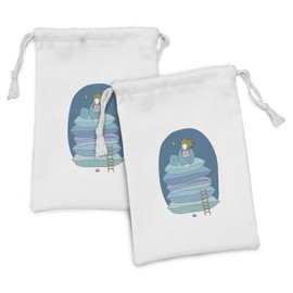 Ambesonne Cartoon Fabric Pouch Set of 2, Girl Sitting on the Top of a Pile of Pillows Drinking Milk Night Bedtime, Small Drawstring Bag for Toiletries Masks and Favors, 9" x 6", Yellow Pink and Blue