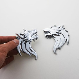 Pair Wolf Head Emblem 3D Metal Sport Badge Door Trunk Nameplate with Double Tape for Cars, Trucks, Motorcycles (Chrome)