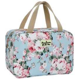 KWLET Toiletry Bag for Women Cosmetic Bag Large Toiletry Bag Navy Rose Toiletry Kit Leakproof Toiletry Bag for Girls Make Up Bag Floral Cosmetic Case (11.8L×5.1W×7.8H, Light Blue Rose)