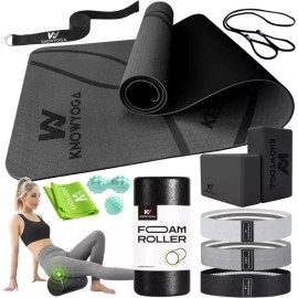 KNOWYOGA 요가 스타터 키트 12 in 1 - 세트에는 매트 폼 롤러 4 개의 저항 밴드 스트랩이 있는 블록 2 팩 [12] [BLACK] KNOWYOGA Yoga Starter Kit 12 in 1 - Set includes Mat Foam Roller, 4 Resistance Bands, Block 2 Pack [12] [BLACK]