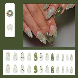 Press on Nails Short Almond LINMEIZAI Fake Nails Press ons Nail Tips Glue on Nails Full Cover Acrylic Nail Kit False Nails Stickers 3D Nail Art with Fish Flower Fresh Design for Women Manicure 24Pcs