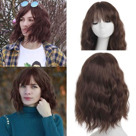 Leeven Short Curly Wig with Bangs Natural Wave Hair Ombre Curly Wigs for Woman 14 Inch Short Bob Wig with Fringe Fancy Dress Party Cosplay Bob Wigs with Rose Wig Cap /4 Mix 27