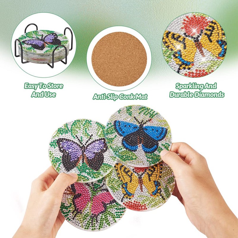 Cheriswelry 8pcs 5D DIY Diamond Painting Kits with Coaster Holder