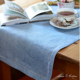 Linen & Cotton Luxury Hemstitched Table Runner SCANDI, 100% Linen - 44 x 270cm (17.6'' x 108''), Blue
