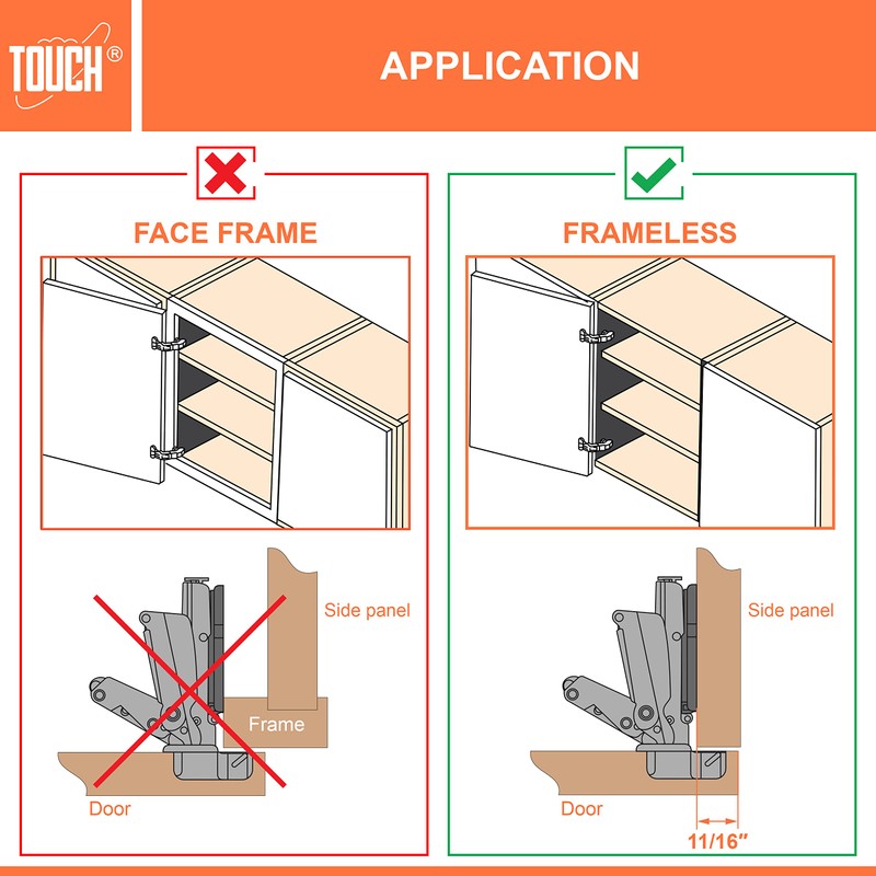 TOUCH Cabinet Hinges (2 Pairs, 4 PCS) Frameless 165 Degree
